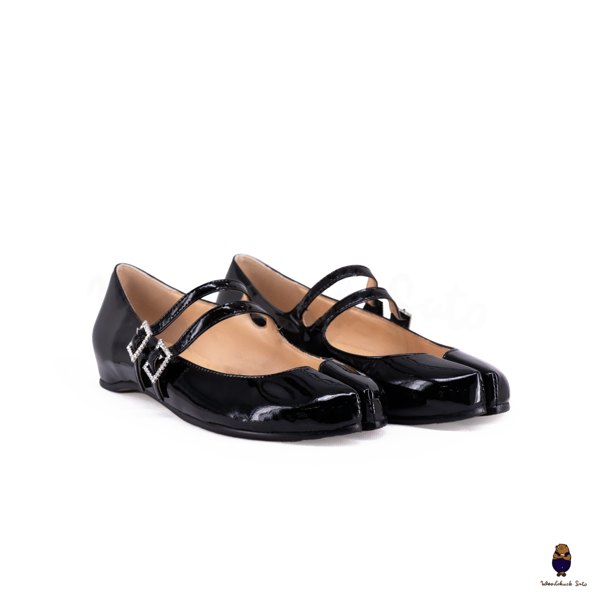 WoodchuckSato Black Patent Cow Leather Tabi Mary Jane Flats with