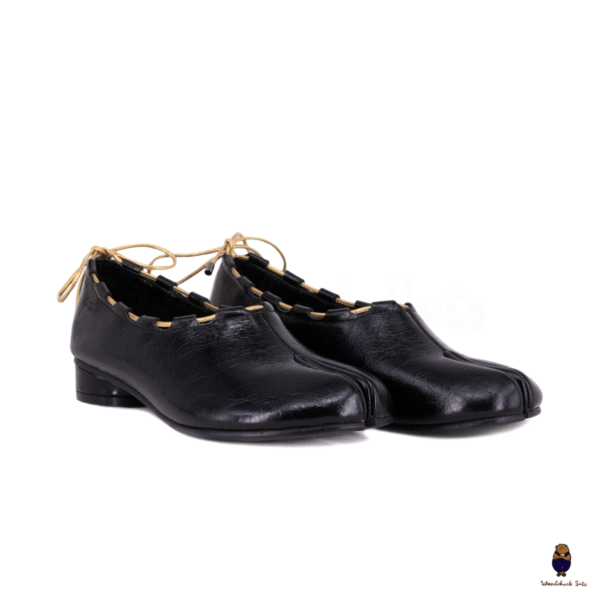 WoodchuckSato Black Leather Tabi Mary Jane Heels with Black Rope