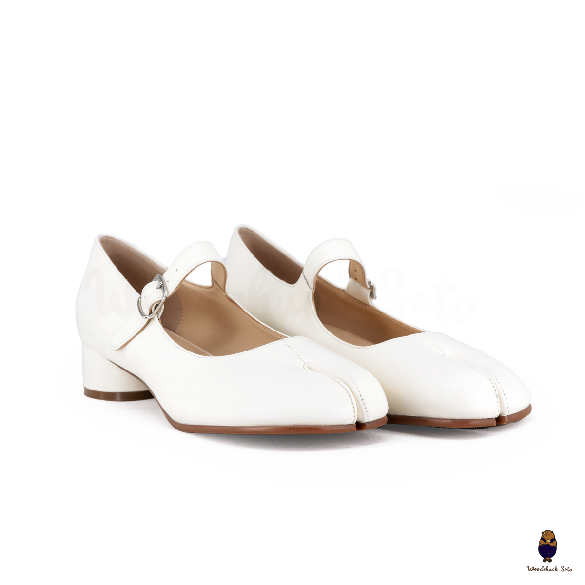 WoodchuckSato White Sheep Leather Tabi Mary Jane Heels with Strap
