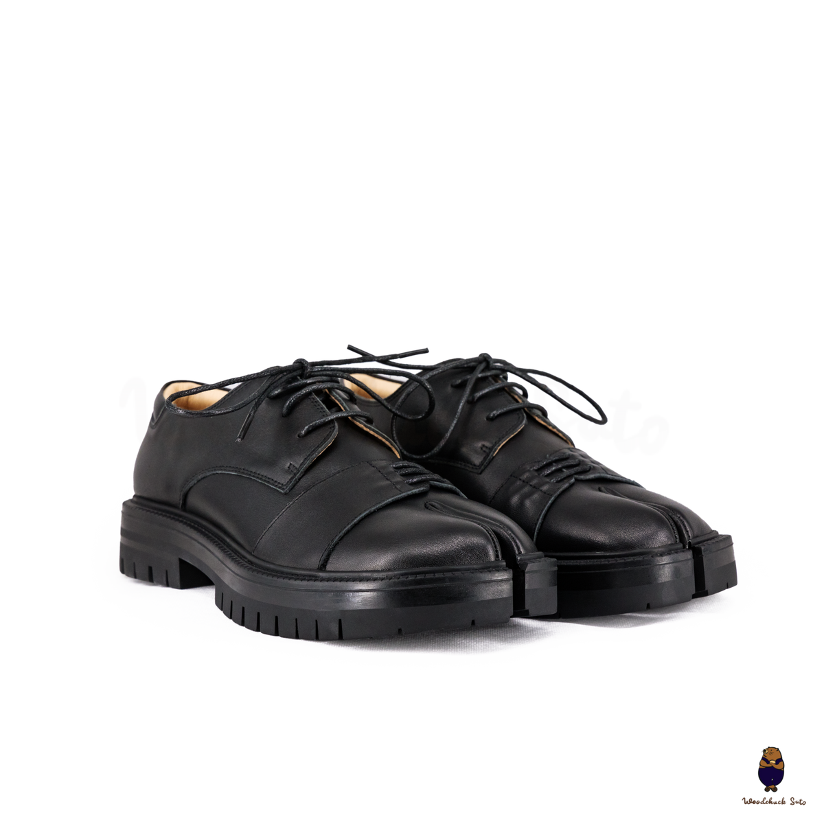 WoodchuckSato Black Cow Leather Tabi Derby Shoes with Double-Lace WoodchuckSato Black Cow Leather Tabi Derby Shoes with Double-Lace