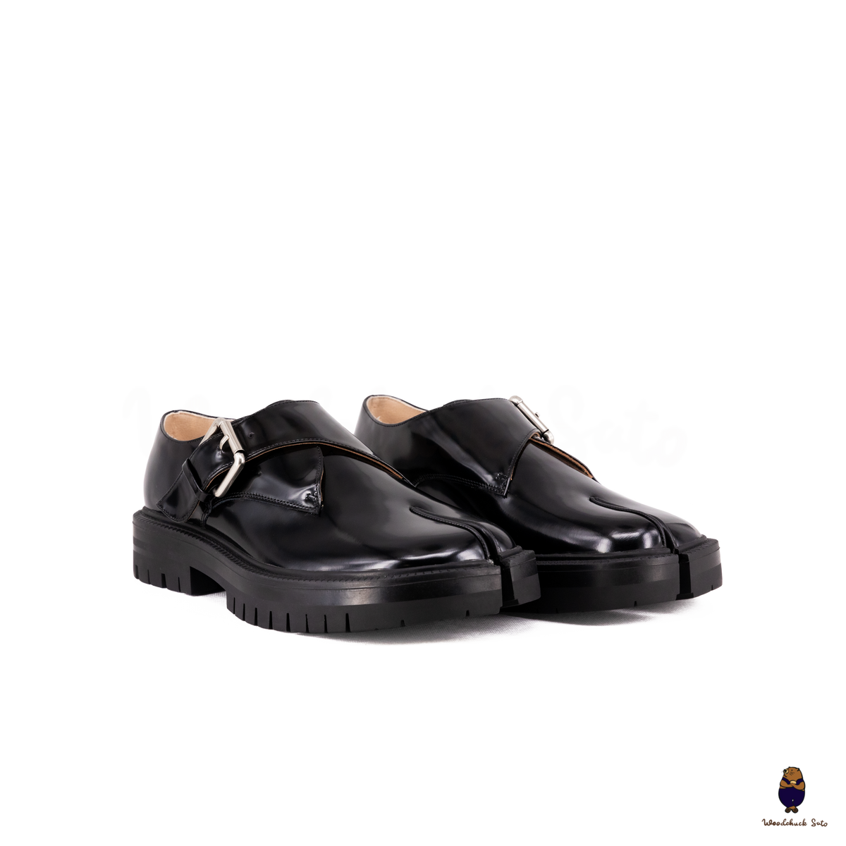 WoodChuckSato Black Cow Leather Split-Toe Tabi Shoes with