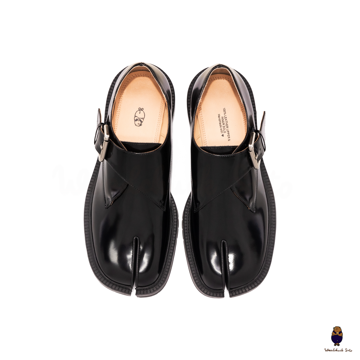 WoodChuckSato Black Cow Leather Split-Toe Tabi Shoes with