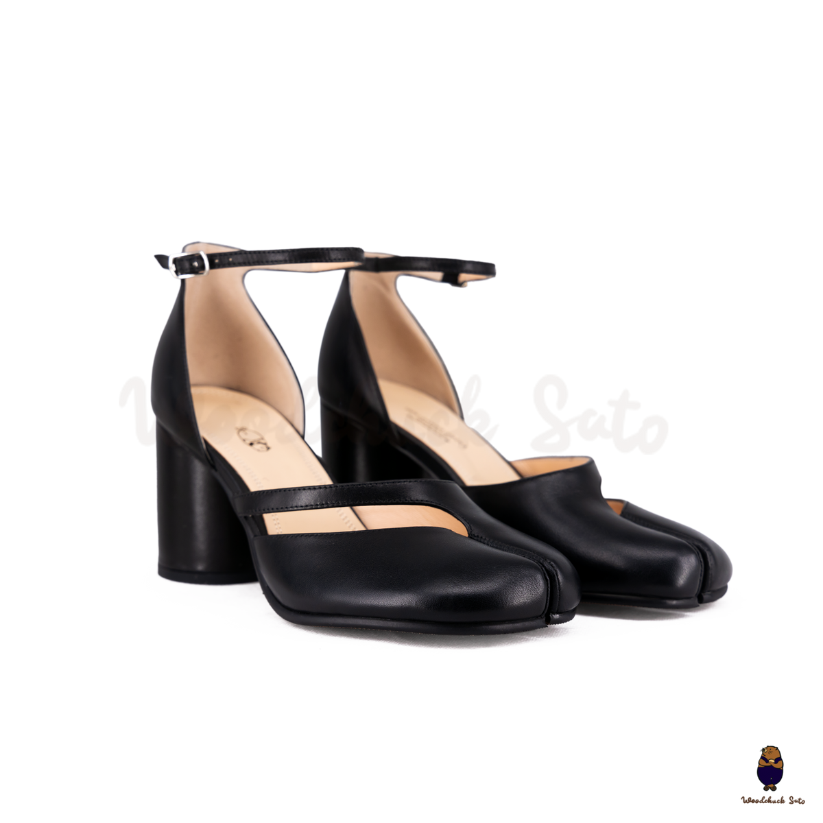 WoodchuckSato Black Matte Cow Leather Tabi Ankle-Strap 8 cm Heels