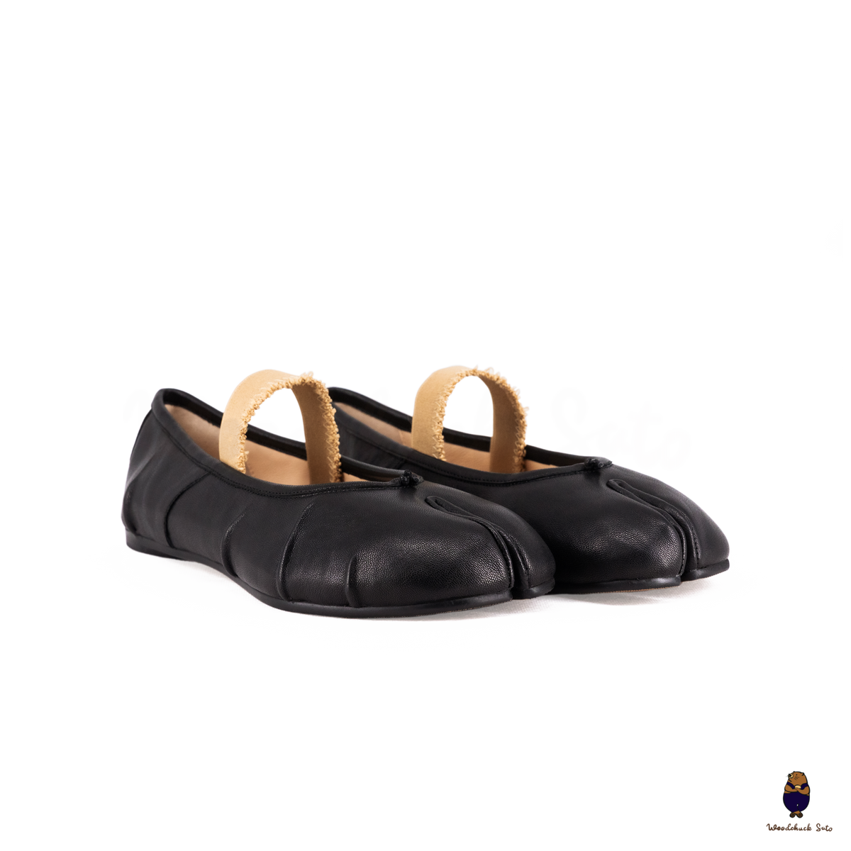 WoodchuckSato Black Fold Leather Tabi Ballet Flats with Beige