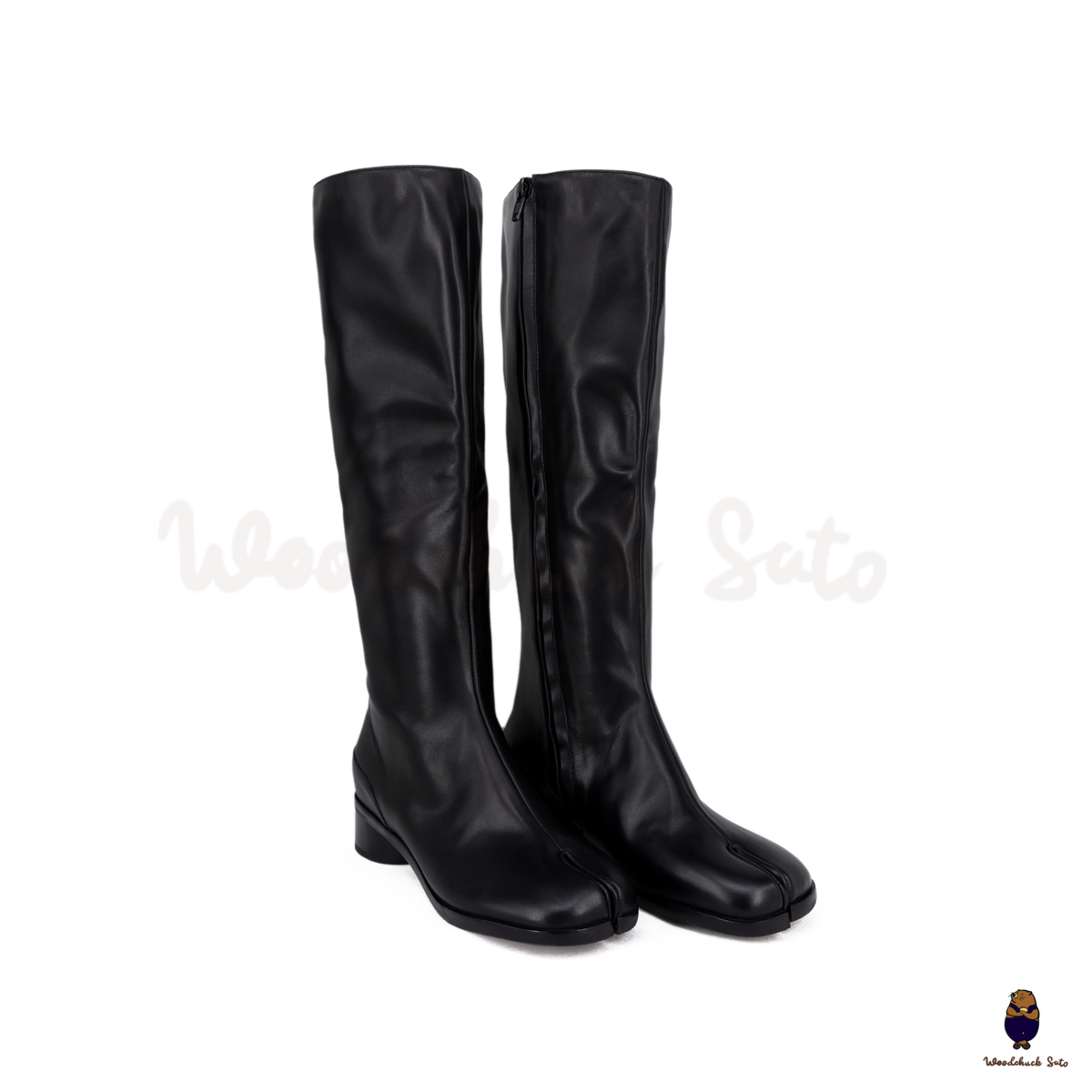 WoodchuckSato Black Leather 3cm Heel Tabi Knee-High Boots