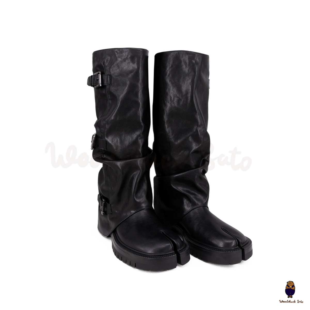 WoodchuckSato Black Vegan Tabi Triple Buckle Slouchy Tall Boots
