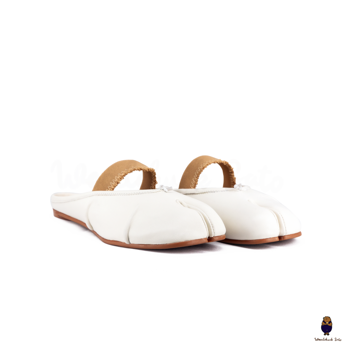 WoodchuckSato White Fold Leather Tabi Mules with Beige Elastic
