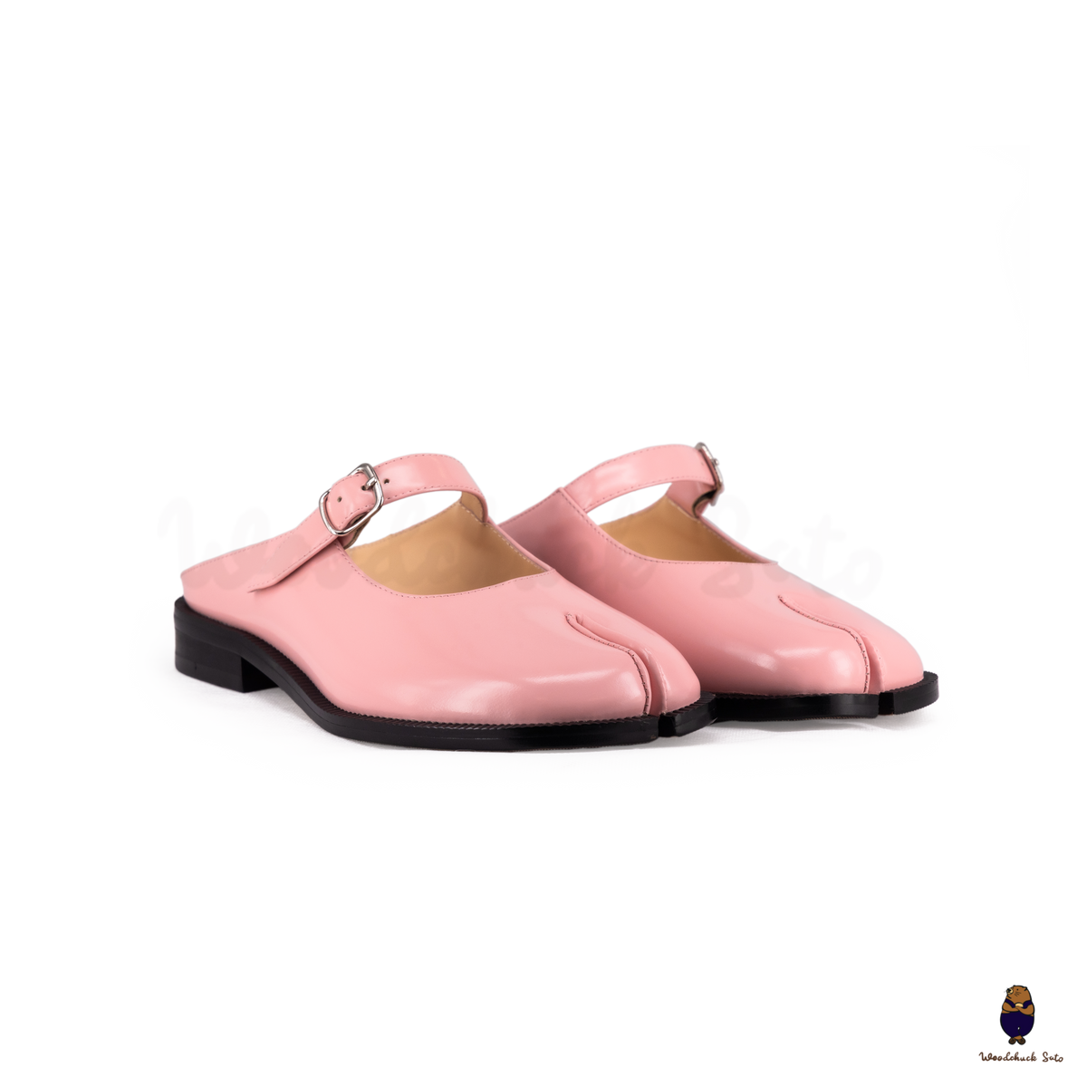 WoodchuckSato Pink Edge-Beaded Cowhide Leather Tabi Mary Jane