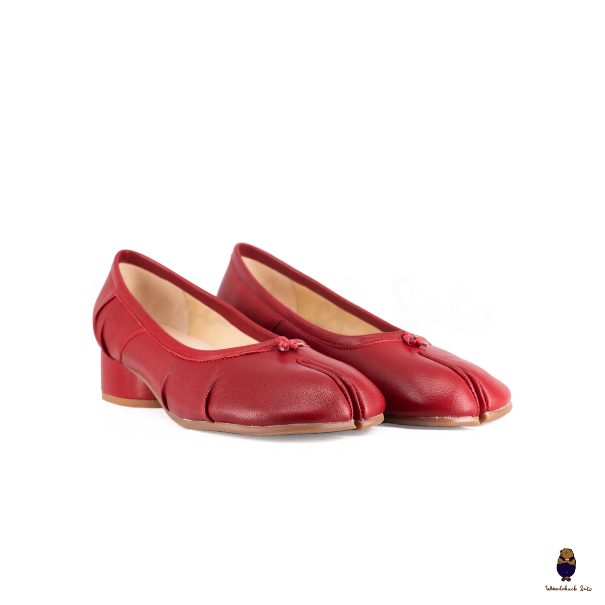 WoodChuckSato Red Tabi Split Toe Sheep Leather Fold Mary Jane Shoes wi