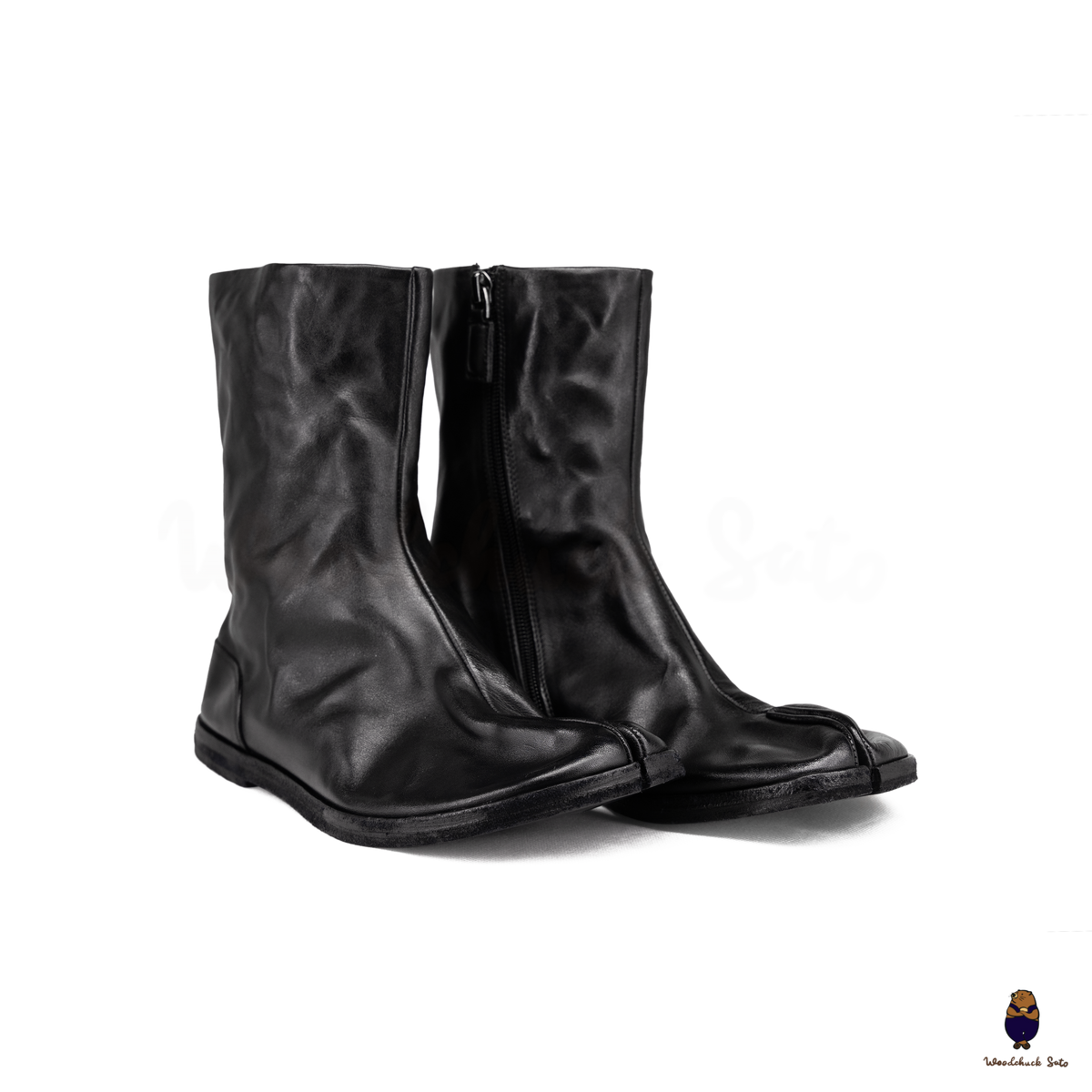 WoodchuckSato Black Horse Leather Tabi Split-Toe Flat Zip Boots