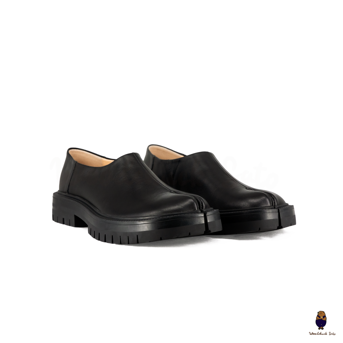 WoodchuckSato Black Leather Tabi Slip-On Lug Sole Loafers WoodchuckSato Black Leather Tabi Slip-On Lug Sole Loafers