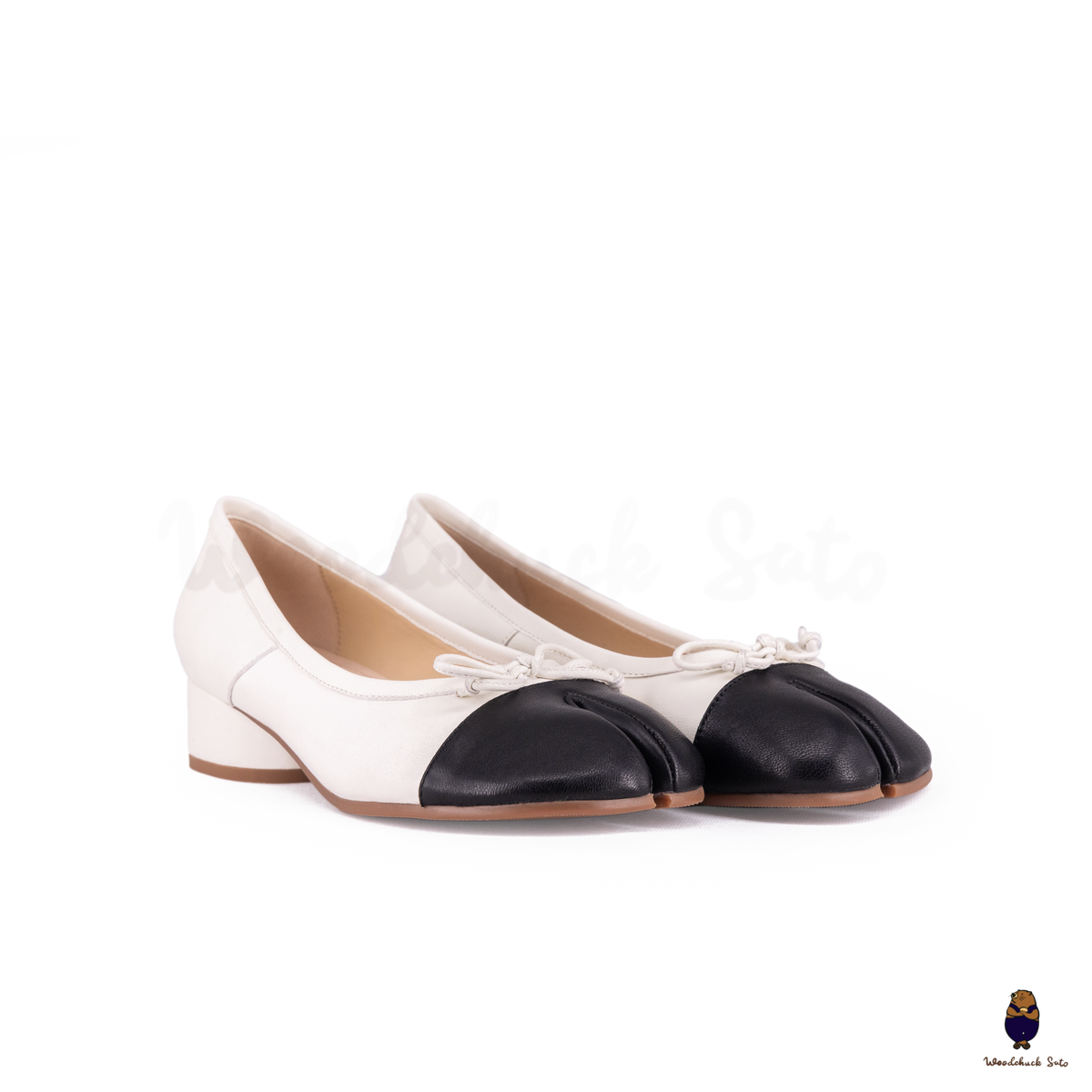 WoodChuckSato Two-Tone Tabi Ballet Heels White & Black Sheep Leather 3