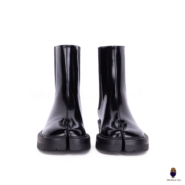 WoodChuckSato Damen Herren Schwarze Tabi Split-Toe-Chelsea-Chelsea-Stiefel aus Rindsleder mit klobiger Profilsohle, Größen EU 35–47