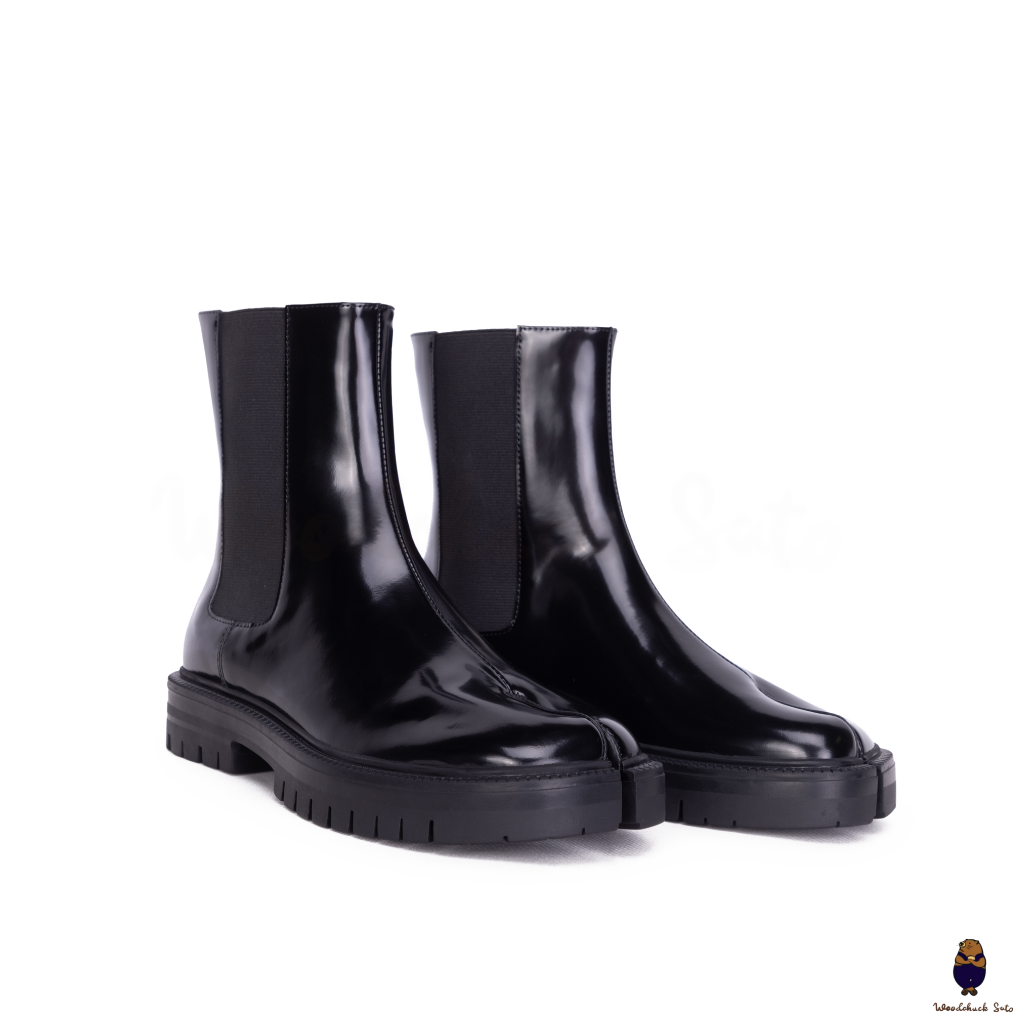 WoodChuckSato Damen Herren Schwarze Tabi Split-Toe-Chelsea-Chelsea-Stiefel aus Rindsleder mit klobiger Profilsohle, Größen EU 35–47