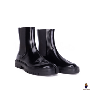 WoodChuckSato Damen Herren Schwarze Tabi Split-Toe-Chelsea-Chelsea-Stiefel aus Rindsleder mit klobiger Profilsohle, Größen EU 35–47