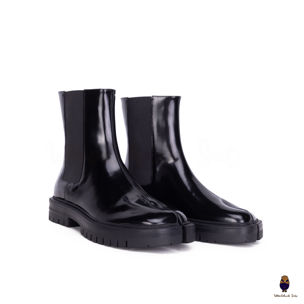 WoodChuckSato Damen Herren Schwarze Tabi Split-Toe-Chelsea-Chelsea-Stiefel aus Rindsleder mit klobiger Profilsohle, Größen EU 35–47