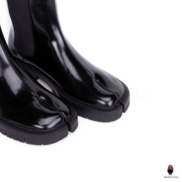 WoodChuckSato Damen Herren Schwarze Tabi Split-Toe-Chelsea-Chelsea-Stiefel aus Rindsleder mit klobiger Profilsohle, Größen EU 35–47
