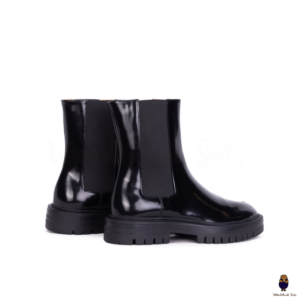 WoodChuckSato Damen Herren Schwarze Tabi Split-Toe-Chelsea-Chelsea-Stiefel aus Rindsleder mit klobiger Profilsohle, Größen EU 35–47