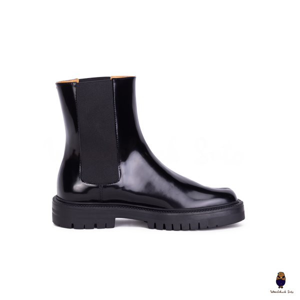 WoodChuckSato Damen Herren Schwarze Tabi Split-Toe-Chelsea-Chelsea-Stiefel aus Rindsleder mit klobiger Profilsohle, Größen EU 35–47
