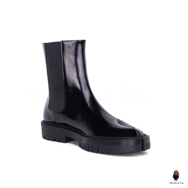 WoodChuckSato Damen Herren Schwarze Tabi Split-Toe-Chelsea-Chelsea-Stiefel aus Rindsleder mit klobiger Profilsohle, Größen EU 35–47