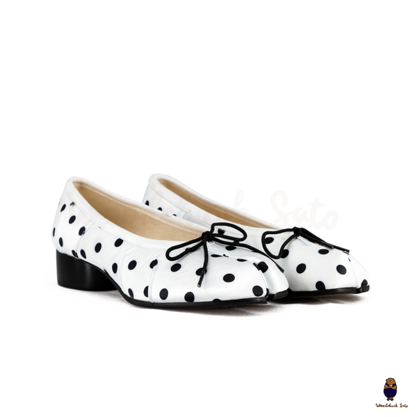 WoodchuckSato White Polka Dot Vegan Bow Tabi Ballet Heels
