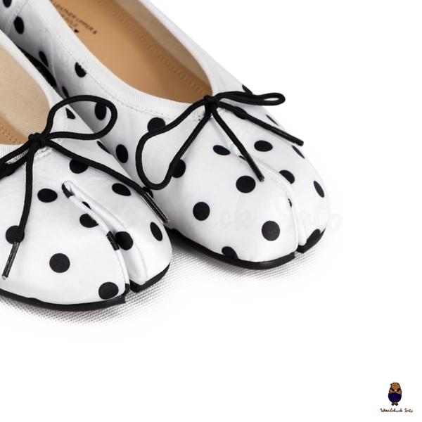 WoodchuckSato White Polka Dot Vegan Bow Tabi Ballet Heels
