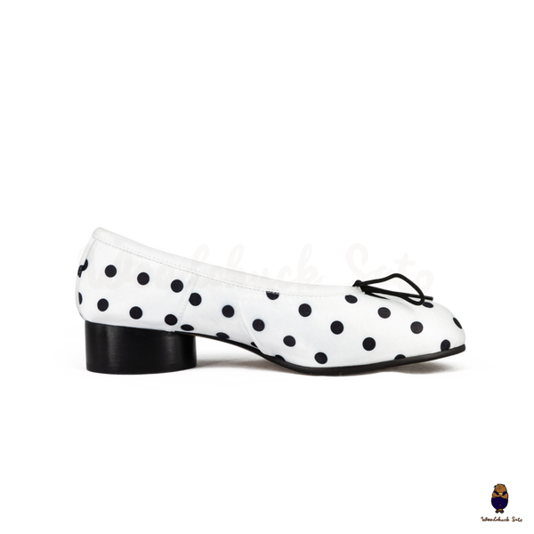WoodchuckSato White Polka Dot Vegan Bow Tabi Ballet Heels