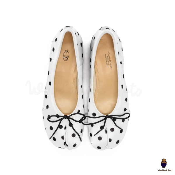 WoodchuckSato White Polka Dot Vegan Bow Tabi Ballet Heels