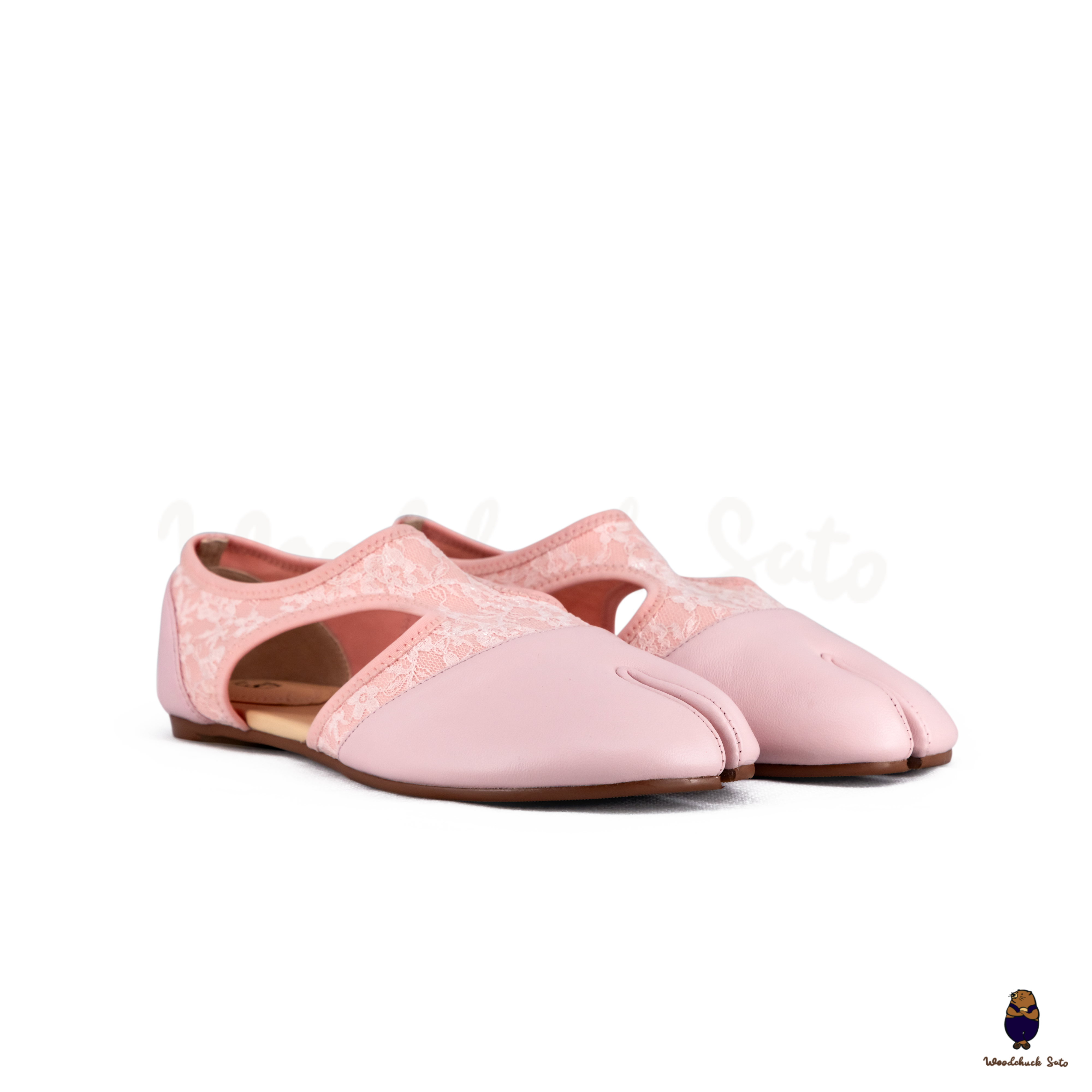 靴 STUDIO DOE V Flats Shoes 38 WoodchuckSato Pink Leather & Lace Mesh Tabi Cut-Out Flats