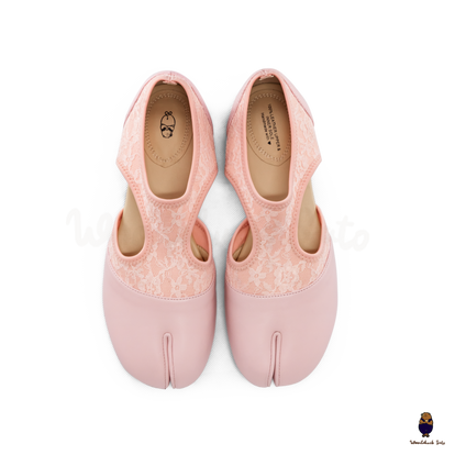WoodchuckSato Pink Leather & Lace Mesh Tabi Cut-Out Flats