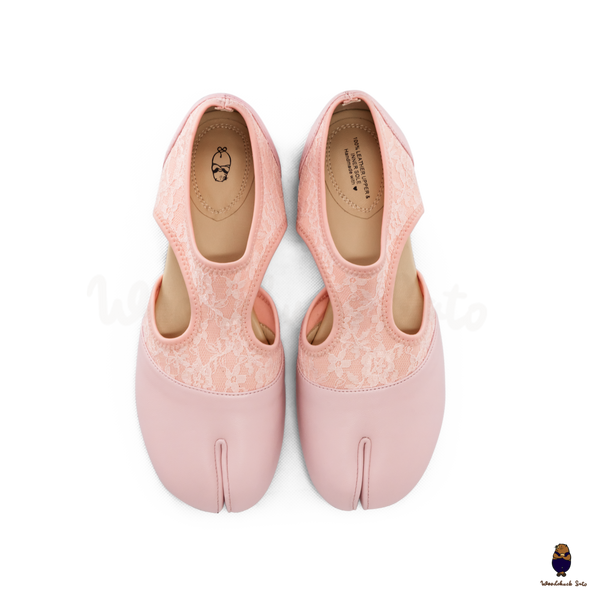 WoodchuckSato Pink Leather & Lace Mesh Tabi Cut-Out Flats