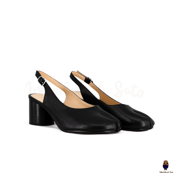 WoodchuckSato Black Leather Tabi Slingback Heels