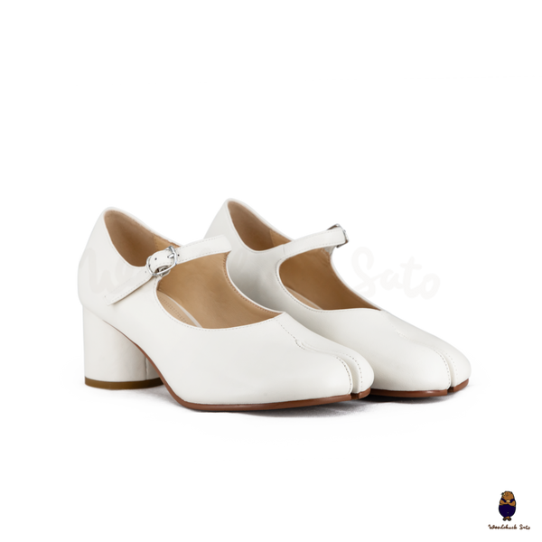 WoodchuckSato White Leather Buckle-Strap Tabi Mary Jane Heels