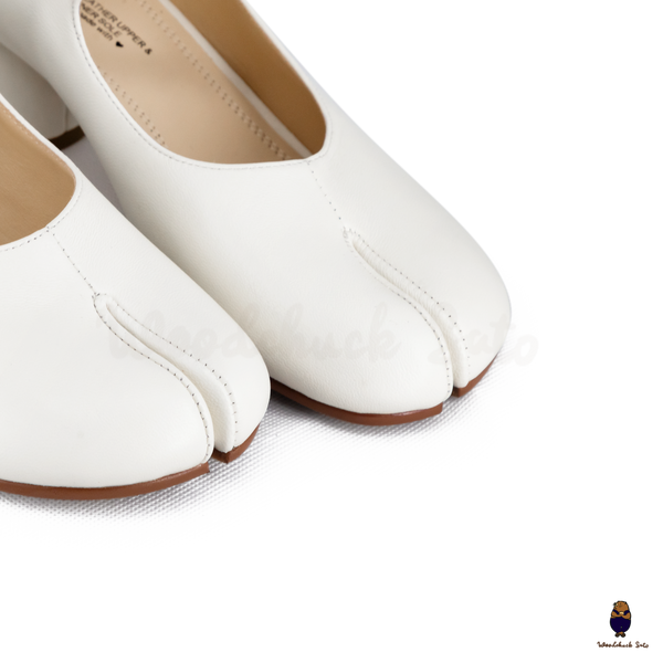 WoodchuckSato White Leather Buckle-Strap Tabi Mary Jane Heels