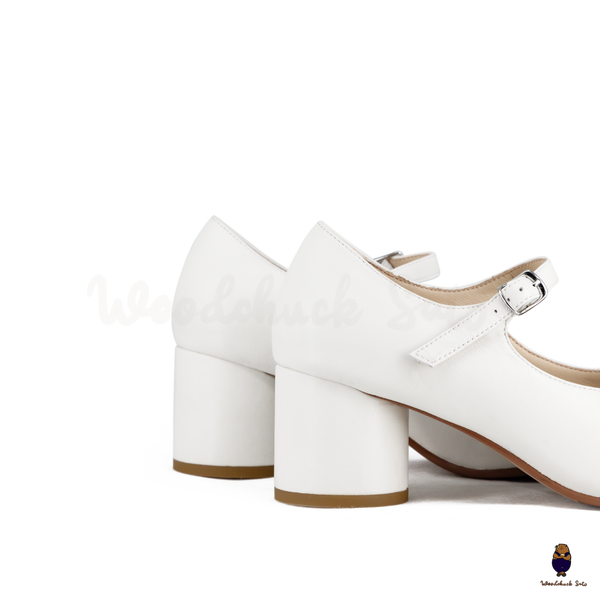 WoodchuckSato White Leather Buckle-Strap Tabi Mary Jane Heels