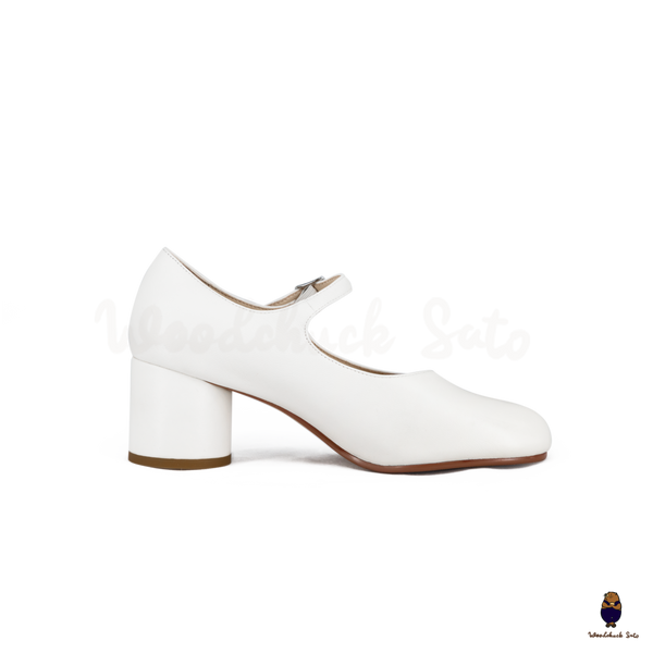 WoodchuckSato White Leather Buckle-Strap Tabi Mary Jane Heels