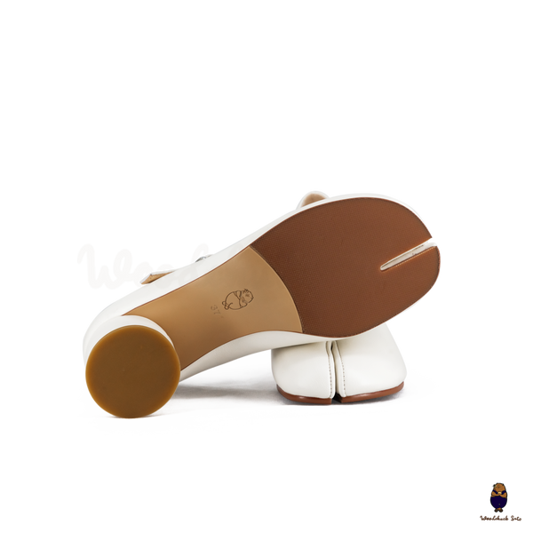 WoodchuckSato White Leather Buckle-Strap Tabi Mary Jane Heels