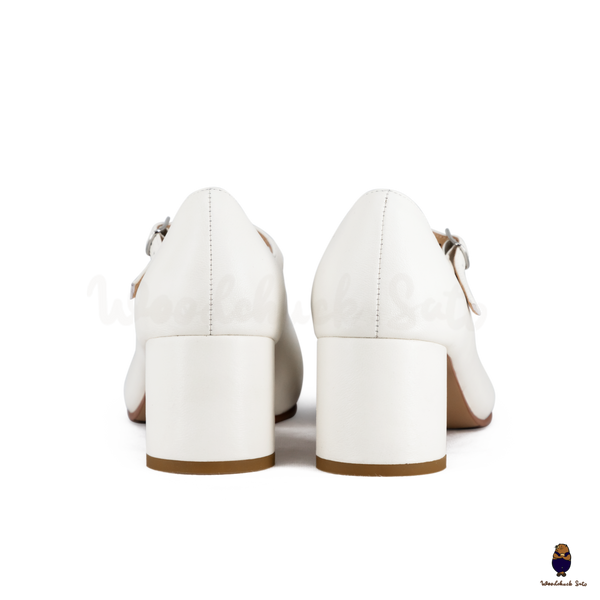 WoodchuckSato White Leather Buckle-Strap Tabi Mary Jane Heels