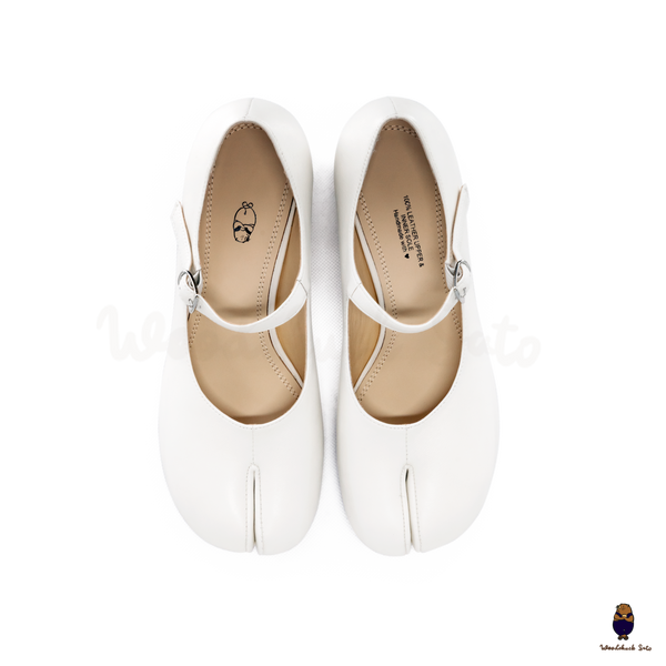 WoodchuckSato White Leather Buckle-Strap Tabi Mary Jane Heels