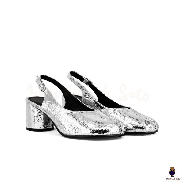 WoodchuckSato Silver Crackled Leather Tabi Slingback Heels