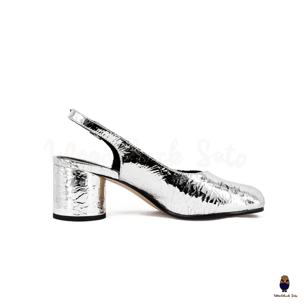 WoodchuckSato Silver Crackled Leather Tabi Slingback Heels