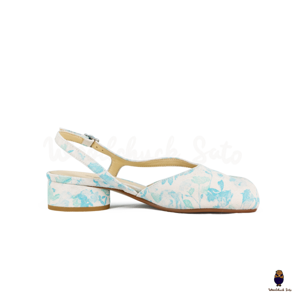 WoodchuckSato Mina Blue Floral Open-Side Tabi Heels