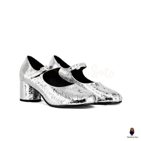 WoodchuckSato Crackled Silver Leather Buckle-Strap Tabi Mary Jane 6cm Heels