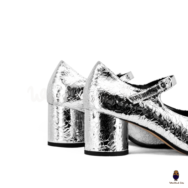 WoodchuckSato Crackled Silver Leather Buckle-Strap Tabi Mary Jane 6cm Heels
