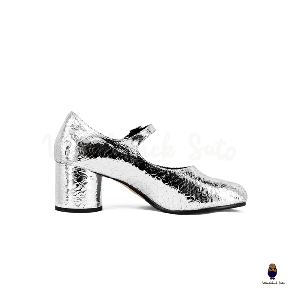 WoodchuckSato Crackled Silver Leather Buckle-Strap Tabi Mary Jane 6cm Heels