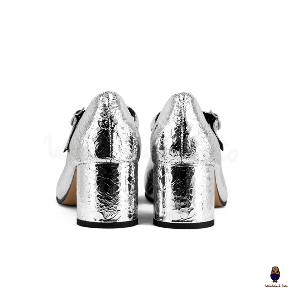WoodchuckSato Crackled Silver Leather Buckle-Strap Tabi Mary Jane 6cm Heels