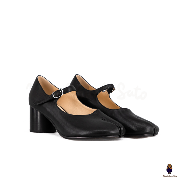WoodchuckSato Black Leather Buckle-Strap Tabi Mary Jane 6cm Heels