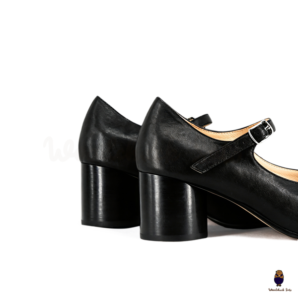 WoodchuckSato Black Leather Buckle-Strap Tabi Mary Jane 6cm Heels