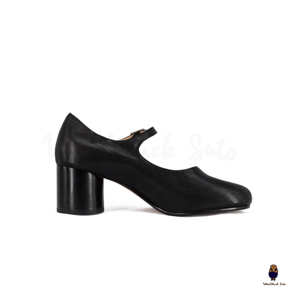 WoodchuckSato Black Leather Buckle-Strap Tabi Mary Jane 6cm Heels