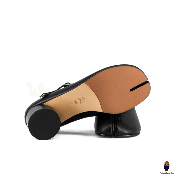 WoodchuckSato Black Leather Buckle-Strap Tabi Mary Jane 6cm Heels